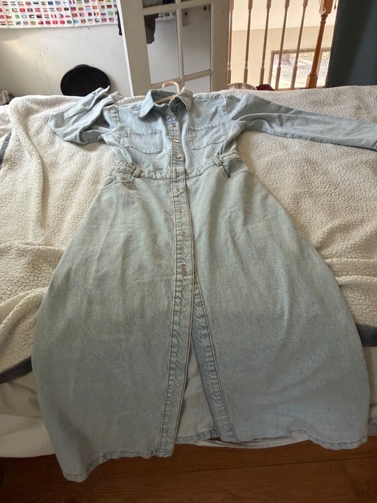Zara Light Wash Denim Longline Button-Front Coat - Picture 5 of 7
